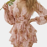 Romantic Floral Mini Dress  Blush Pink Wrap Design With Balloon Sleeves - Product example