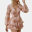 Romantic Floral Mini Dress  Blush Pink Wrap Design With Balloon Sleeves - Product detail 5