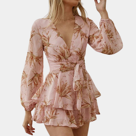 Romantic Floral Mini Dress  Blush Pink Wrap Design With Balloon Sleeves - Product detail 5