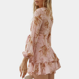 Romantic Floral Mini Dress  Blush Pink Wrap Design With Balloon Sleeves - Product detail 4