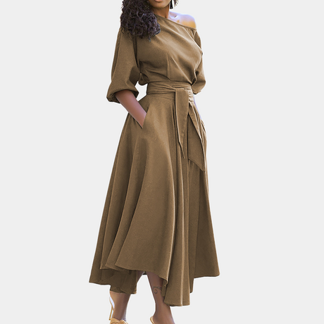 Elegant Off-Shoulder Maxi Dress  Burgundy A-Line with Tie Waist - Product detail 7