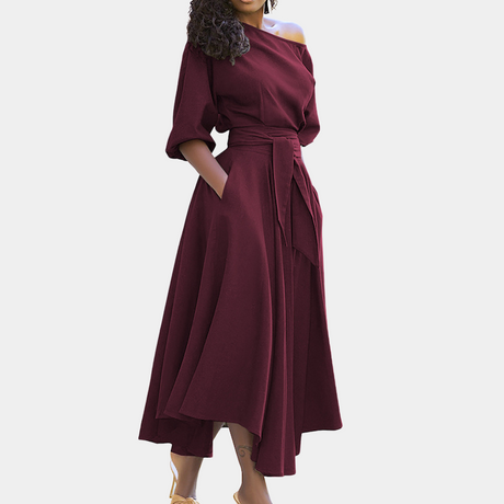 Elegant Off-Shoulder Maxi Dress  Burgundy A-Line with Tie Waist - Product showcase
