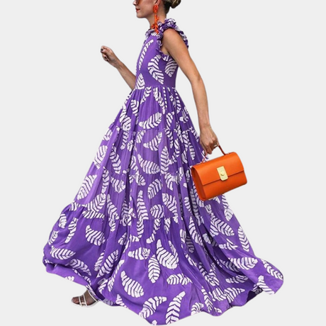 Botanical Maxi Dress  Ruffled Sleeve Purple Leaf Print - Product example