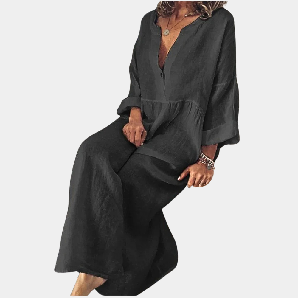 Cotton Maxi Dress  V-Neck Loose Fit Design - Product showcase