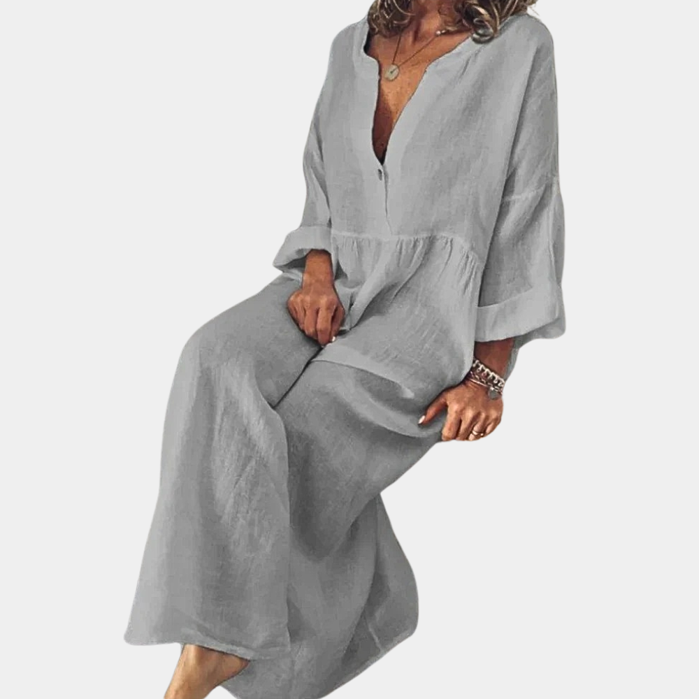 Cotton Maxi Dress  V-Neck Loose Fit Design - Product example