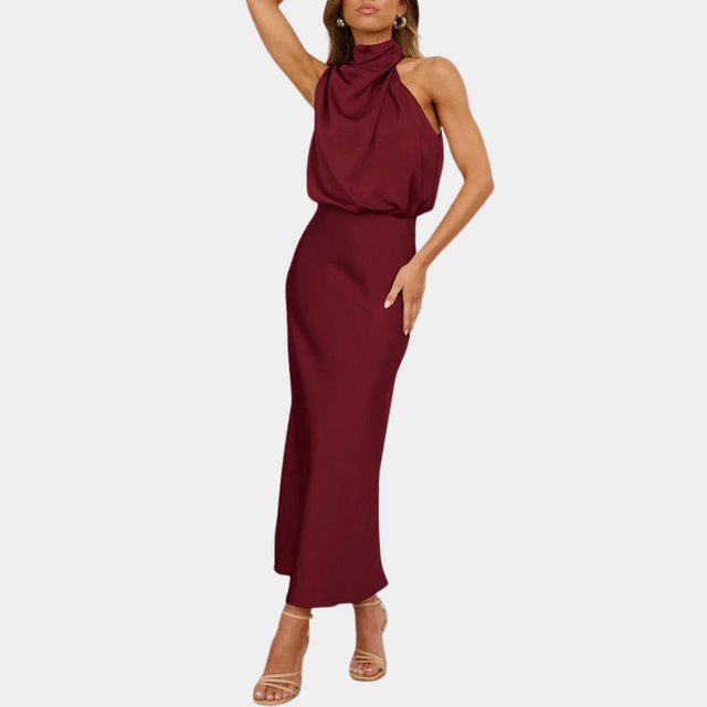 Elegant Halter Neck Dress  Flowing Draped Design - Product showcase