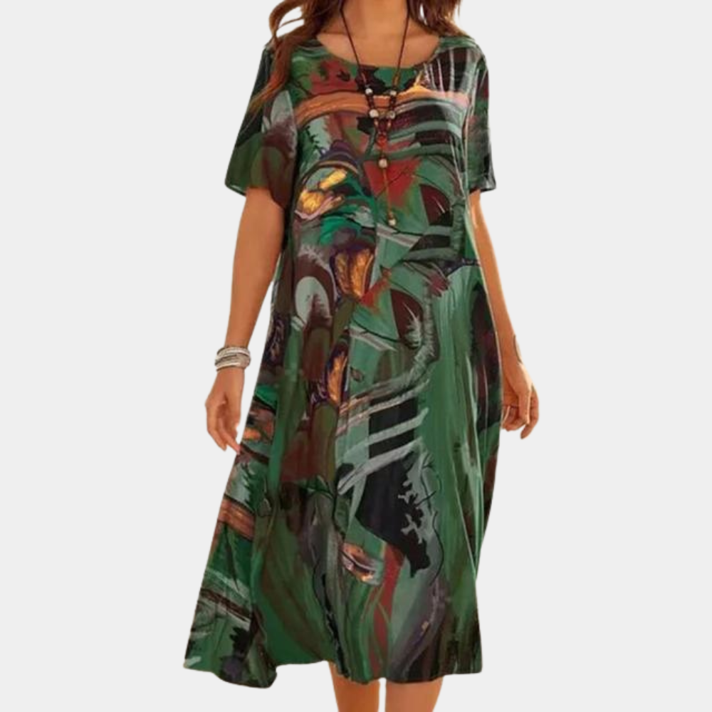 Artistic Cotton Midi Dress  Abstract Watercolor Print - Product example