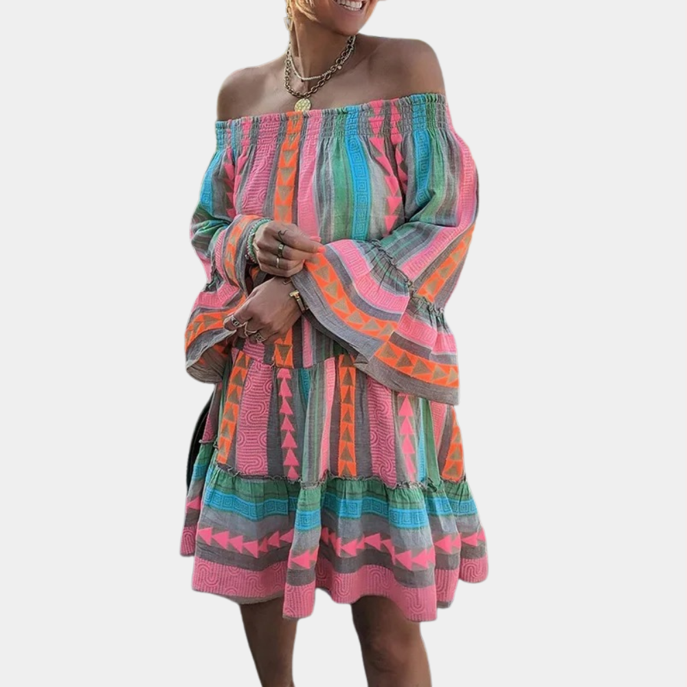 Bohemian Off Shoulder Dress  Geometric Print Cotton Blend - Product showcase