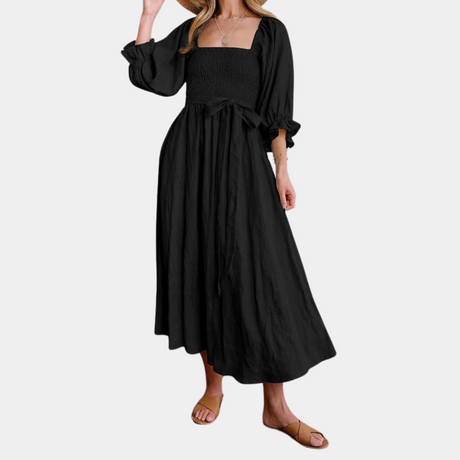 Cotton Maxi Dress  Square Neck Smocked Bodice with Puff Sleeves - Product showcase