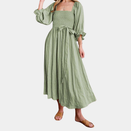 Cotton Maxi Dress  Square Neck Smocked Bodice with Puff Sleeves - Product detail 8