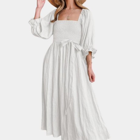 Cotton Maxi Dress  Square Neck Smocked Bodice with Puff Sleeves - Product detail 10