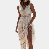 Bohemian Lace Maxi Dress  V-Neck Embroidered Summer Design - Detailed view