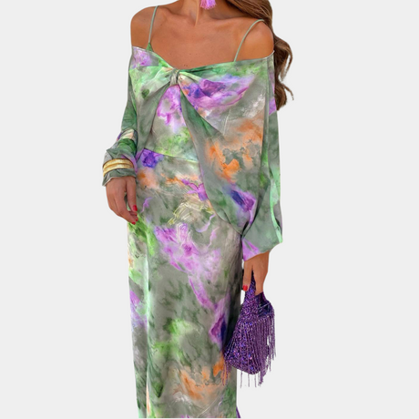 Tie Dye Maxi Dress  Watercolor Print Cold Shoulder Design - Product detail 6