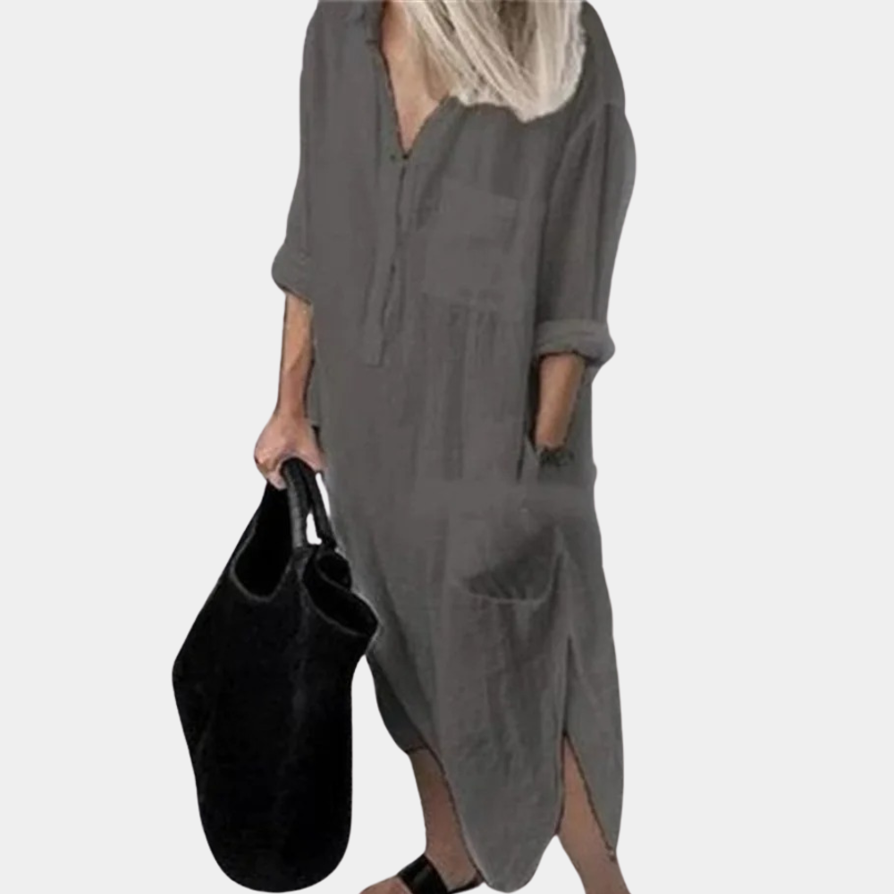 Summer Linen Maxi Dress  V-Neck Split Hem Design - Product detail 11