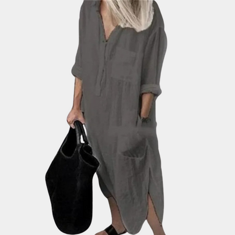 Summer Linen Maxi Dress  V-Neck Split Hem Design - Product detail 11