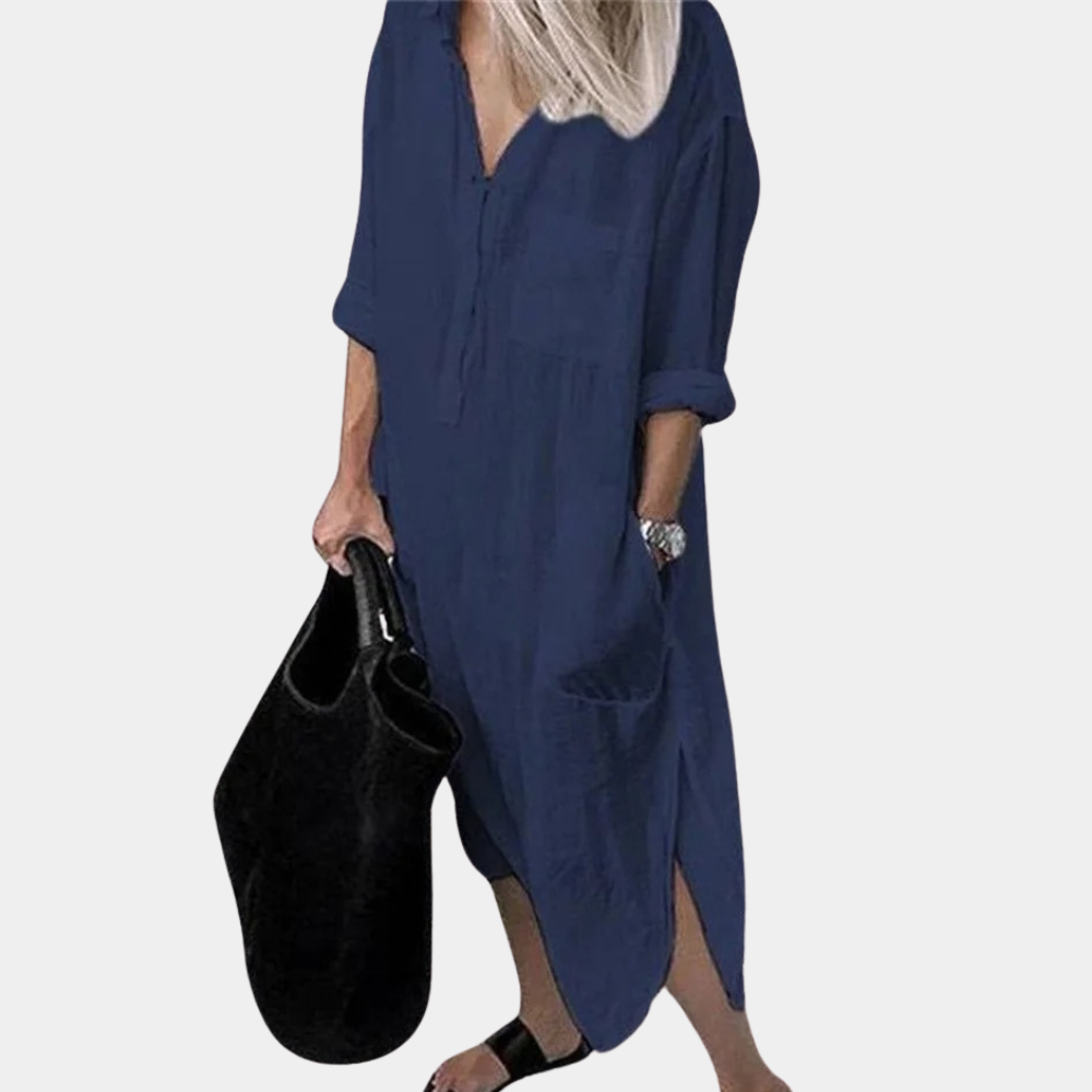 Summer Linen Maxi Dress  V-Neck Split Hem Design - Product detail 10