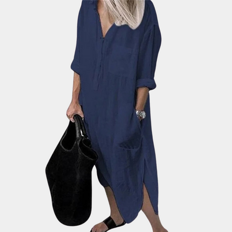 Summer Linen Maxi Dress  V-Neck Split Hem Design - Product detail 10