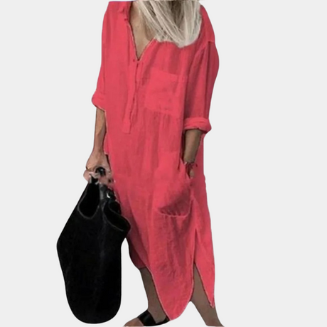 Summer Linen Maxi Dress  V-Neck Split Hem Design - Product detail 9