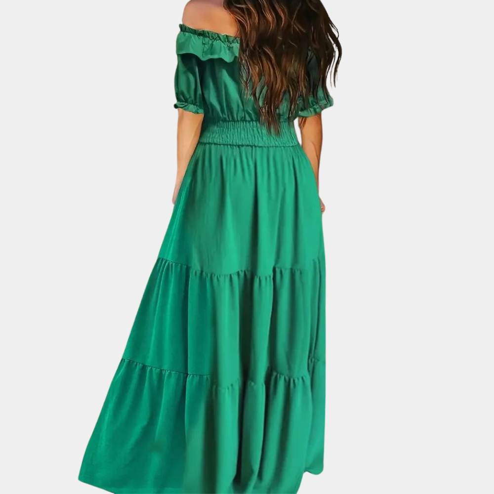 Off Shoulder Maxi Dress  Ruched Waist Green Summer Dress - Detailed view