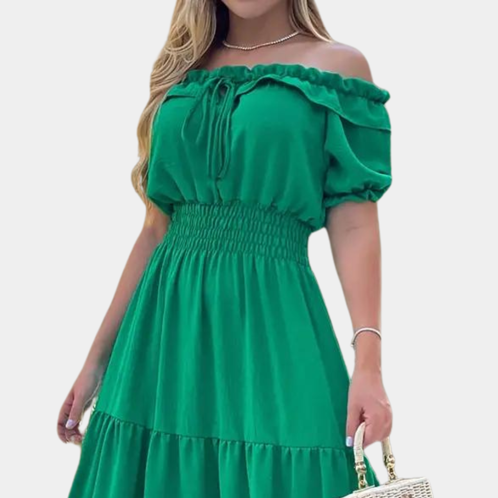 Off Shoulder Maxi Dress  Ruched Waist Green Summer Dress - Product example