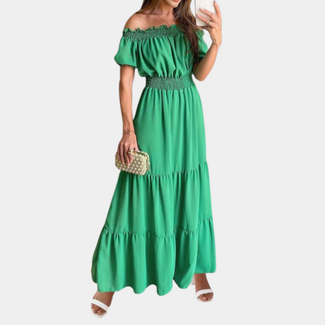 Off Shoulder Maxi Dress  Ruched Waist Green Summer Dress - Product detail 7