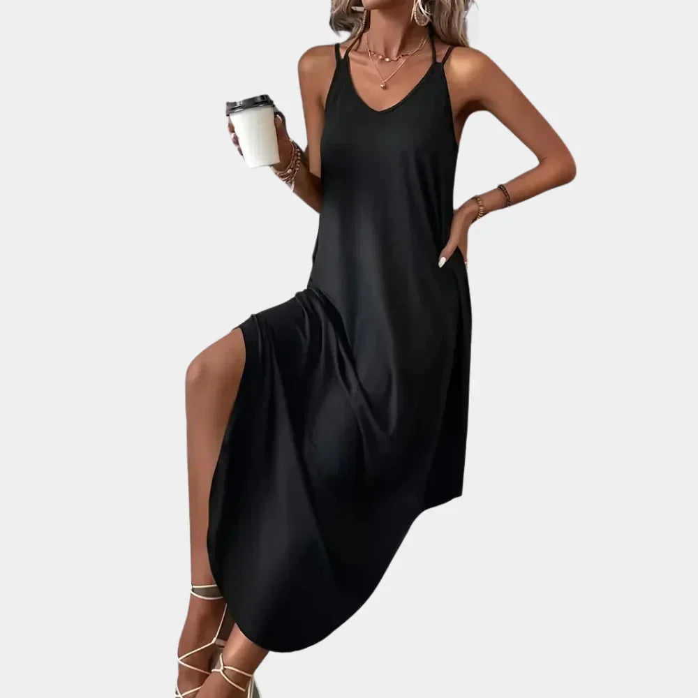 V-Neck Summer Maxi Dress  Flowy Side Slit Design - Product example