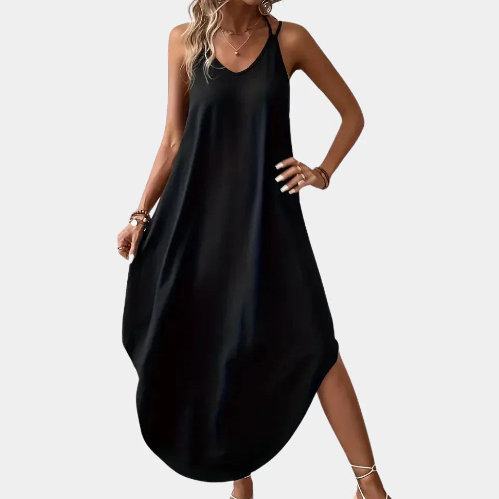 V-Neck Summer Maxi Dress  Flowy Side Slit Design - Detailed view