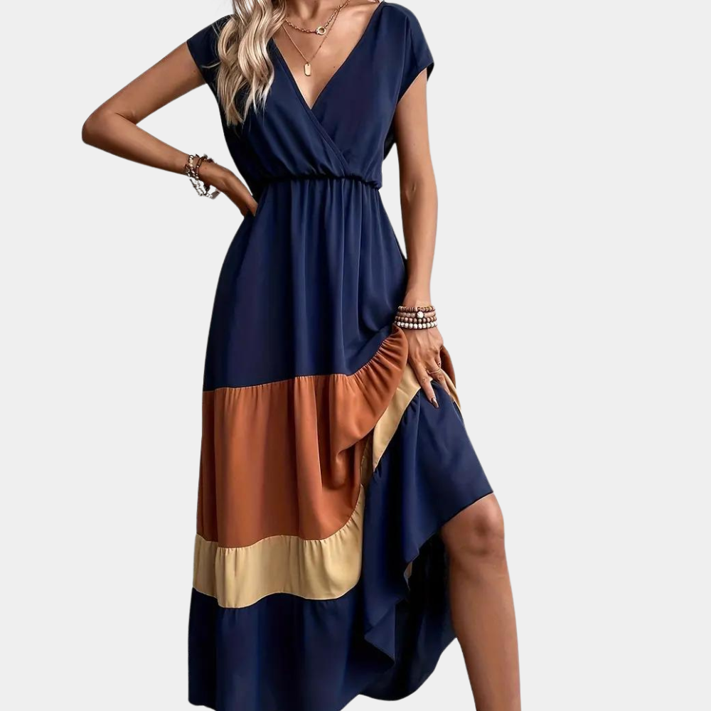 Casual Maxi Dress  Navy Color Block V-Neck Design - Product showcase