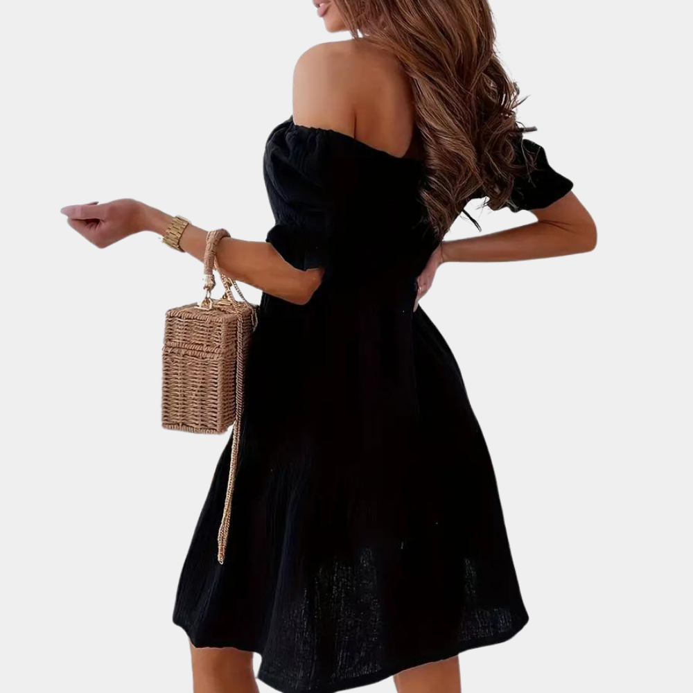 Cotton Off Shoulder Dress  Puff Sleeve Empire Waist Design - Detailed view