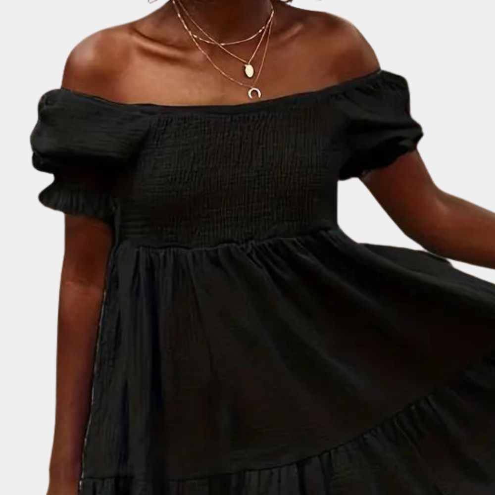 Cotton Off Shoulder Dress  Puff Sleeve Empire Waist Design - Product detail 4