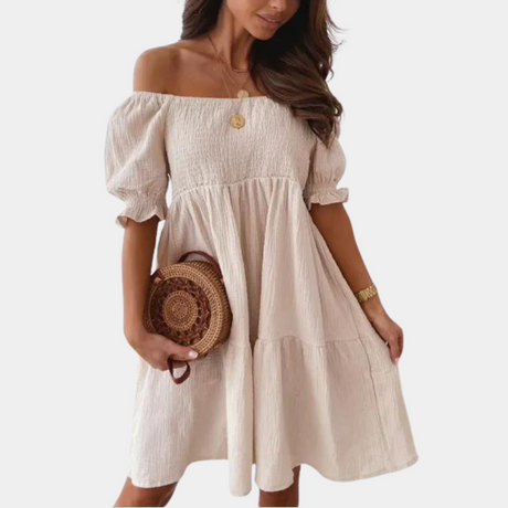 Cotton Off Shoulder Dress  Puff Sleeve Empire Waist Design - Product detail 8