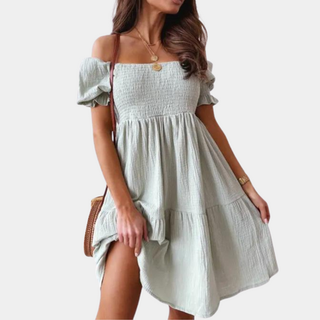 Cotton Off Shoulder Dress  Puff Sleeve Empire Waist Design - Product detail 9