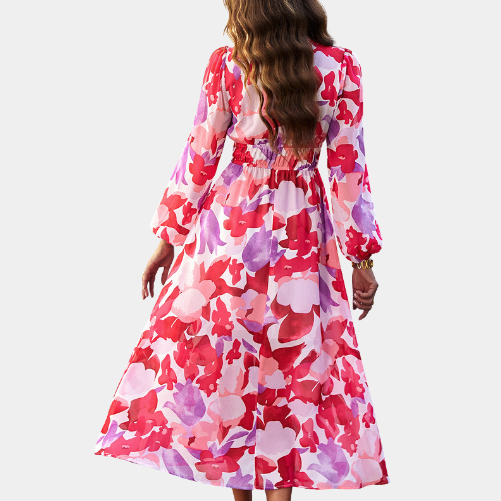 Floral Cotton Maxi Dress  Blooming Pink Purple Pattern - Detailed view