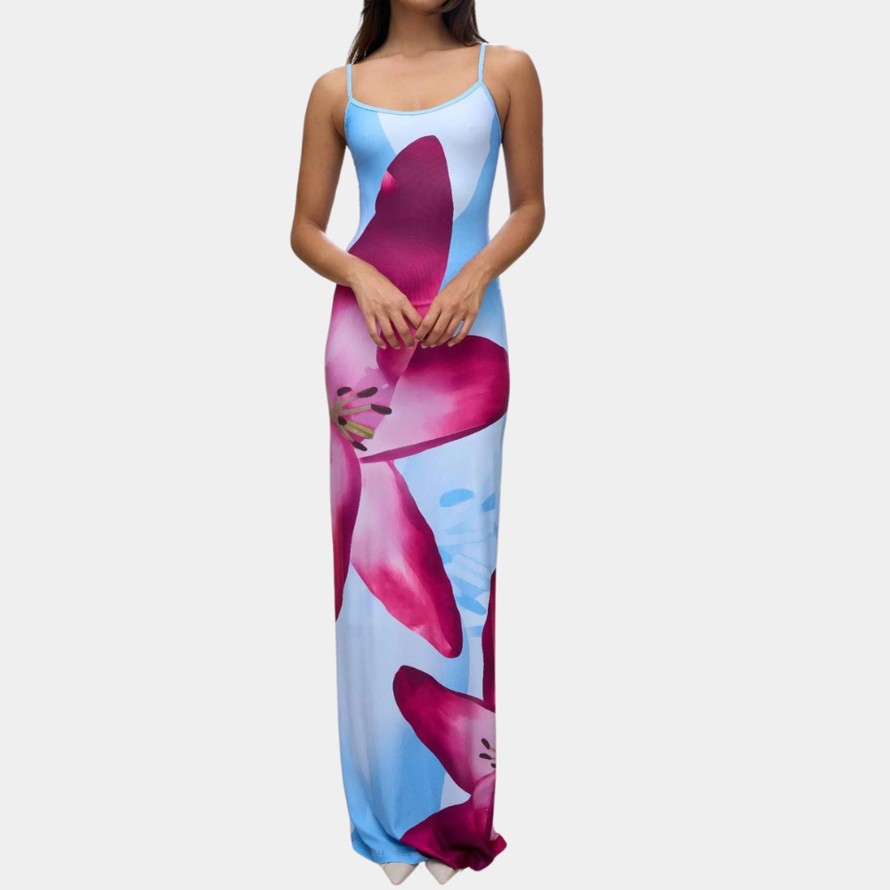 Floral Maxi Dress  Sky Blue with Magenta Lily Print - Product showcase