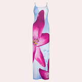 Floral Maxi Dress  Sky Blue with Magenta Lily Print - Product detail 4