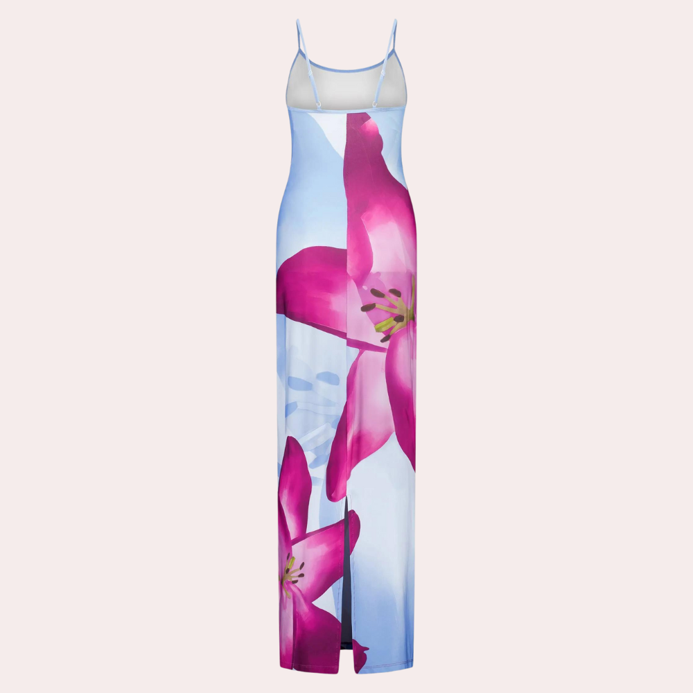 Floral Maxi Dress  Sky Blue with Magenta Lily Print - Product detail 5