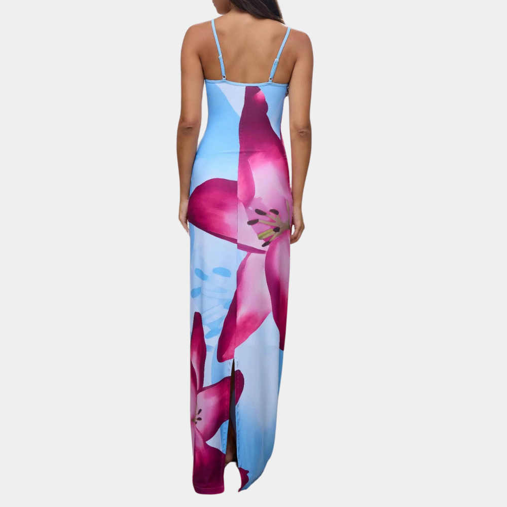 Floral Maxi Dress  Sky Blue with Magenta Lily Print - Product example