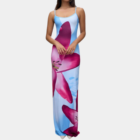 Floral Maxi Dress  Sky Blue with Magenta Lily Print - Product detail 7