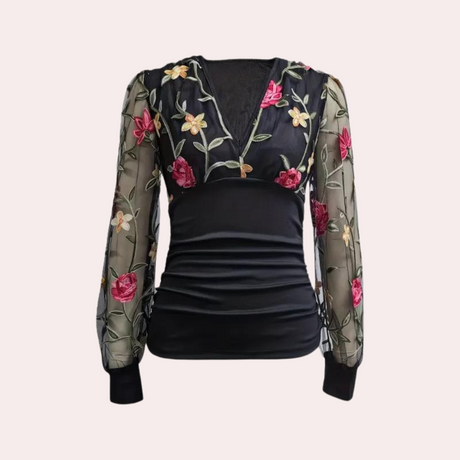 Floral Embroidered Blouse  Black Mesh Sleeve Design - Product showcase