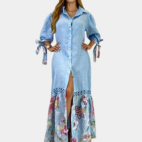 Floral Button Down Maxi Dress  Bohemian Lace Trim Design - Product showcase
