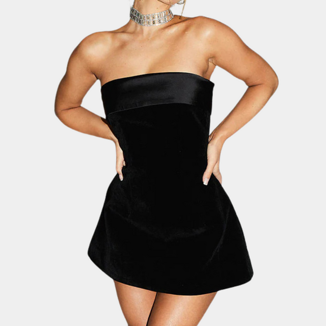 Strapless Velvet Mini Dress  Structured A-Line Design - Product showcase