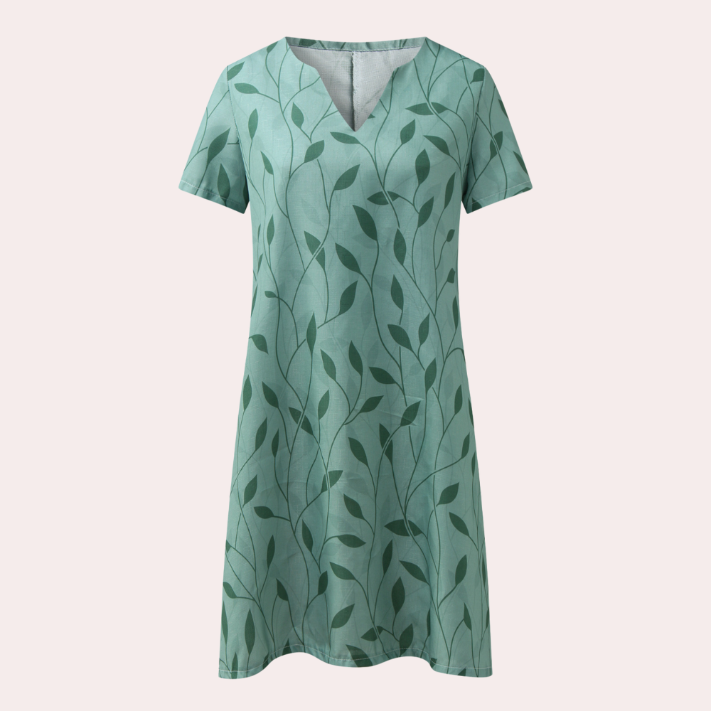 Botanical Print Summer Dress  V-Neck Leaf Pattern Design - Product example