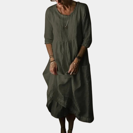 Cotton Linen Midi Dress  Gathered Waist Elbow Sleeves - Product detail 7