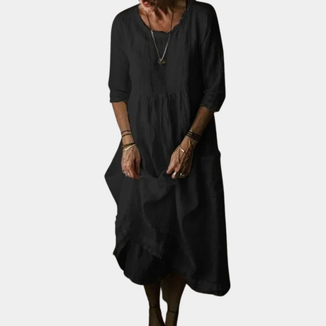 Cotton Linen Midi Dress  Gathered Waist Elbow Sleeves - Product showcase