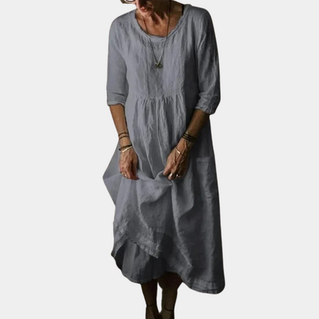 Cotton Linen Midi Dress  Gathered Waist Elbow Sleeves - Product detail 10