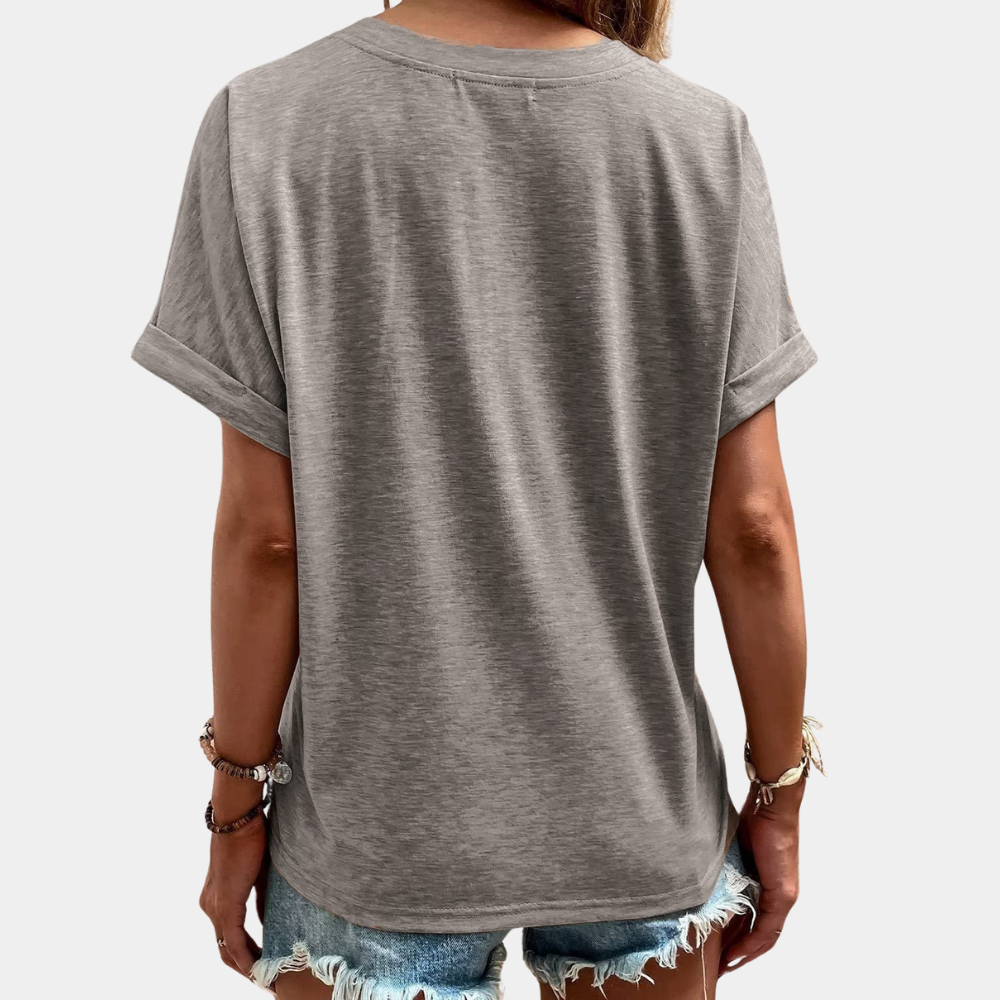 Cotton Blend V-Neck Top  Relaxed Button Detail Summer Blouse - Product detail 4