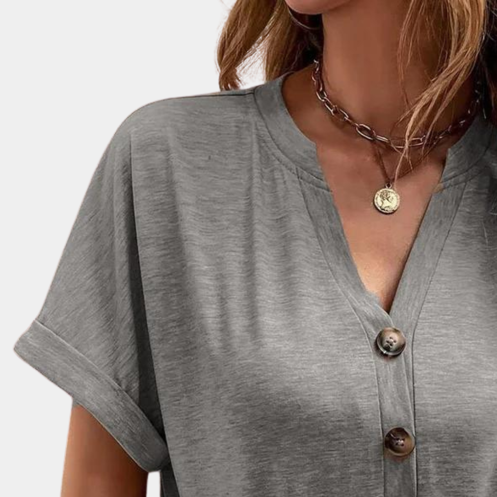 Cotton Blend V-Neck Top  Relaxed Button Detail Summer Blouse - Product example