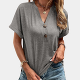 Cotton Blend V-Neck Top  Relaxed Button Detail Summer Blouse - Product detail 7