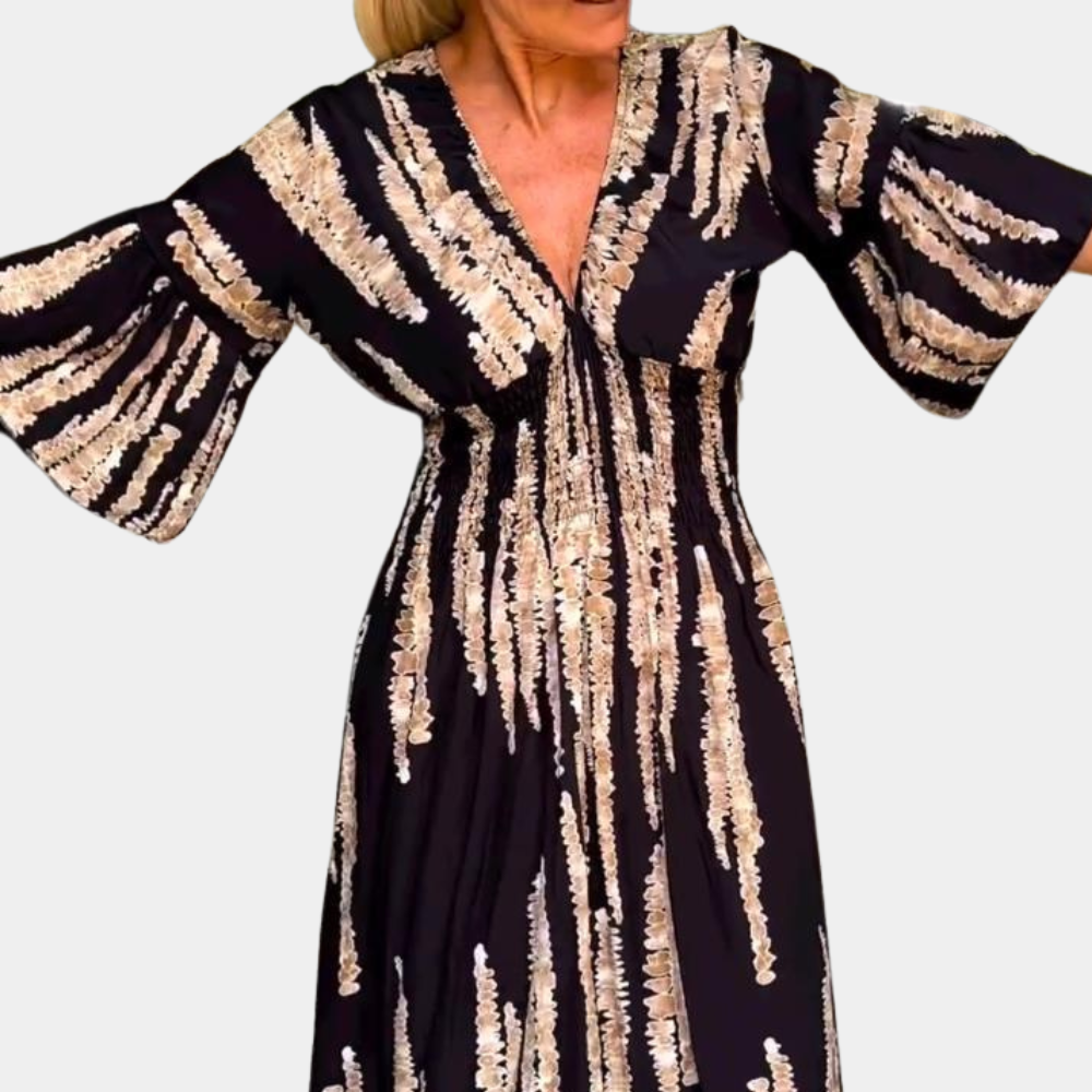 Elegant Midi Dress  Black Cotton with Beige Pattern - Product example
