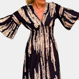 Elegant Midi Dress  Black Cotton with Beige Pattern - Product example